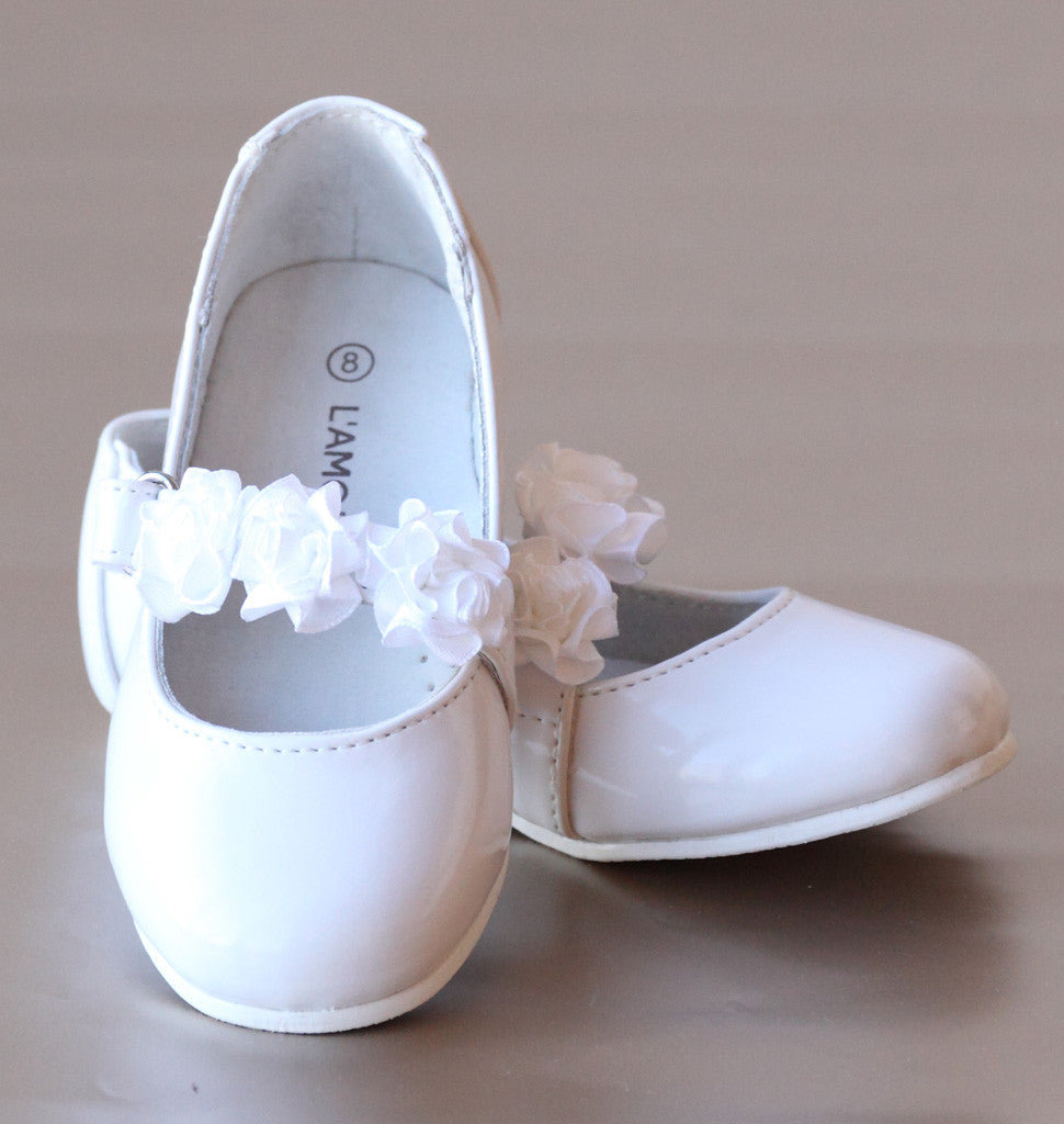 L'Amour Patent White Leather Flower Girl Flats